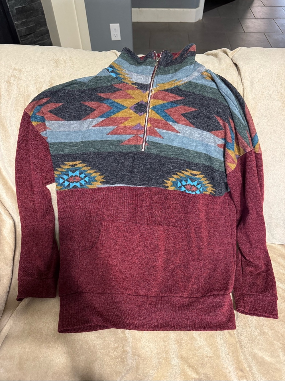 7th Ray Burgundy, Teal & Mustard Southwestern Half-Zip Pullover